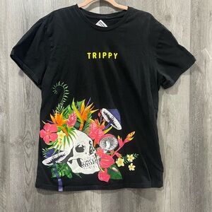 Original Gravity “Trippy” Skull Floral All-Over Graphic Tee Shirt – Men’s XL